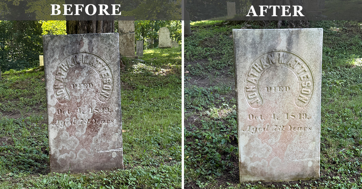 before and after photo of headstone cleaning